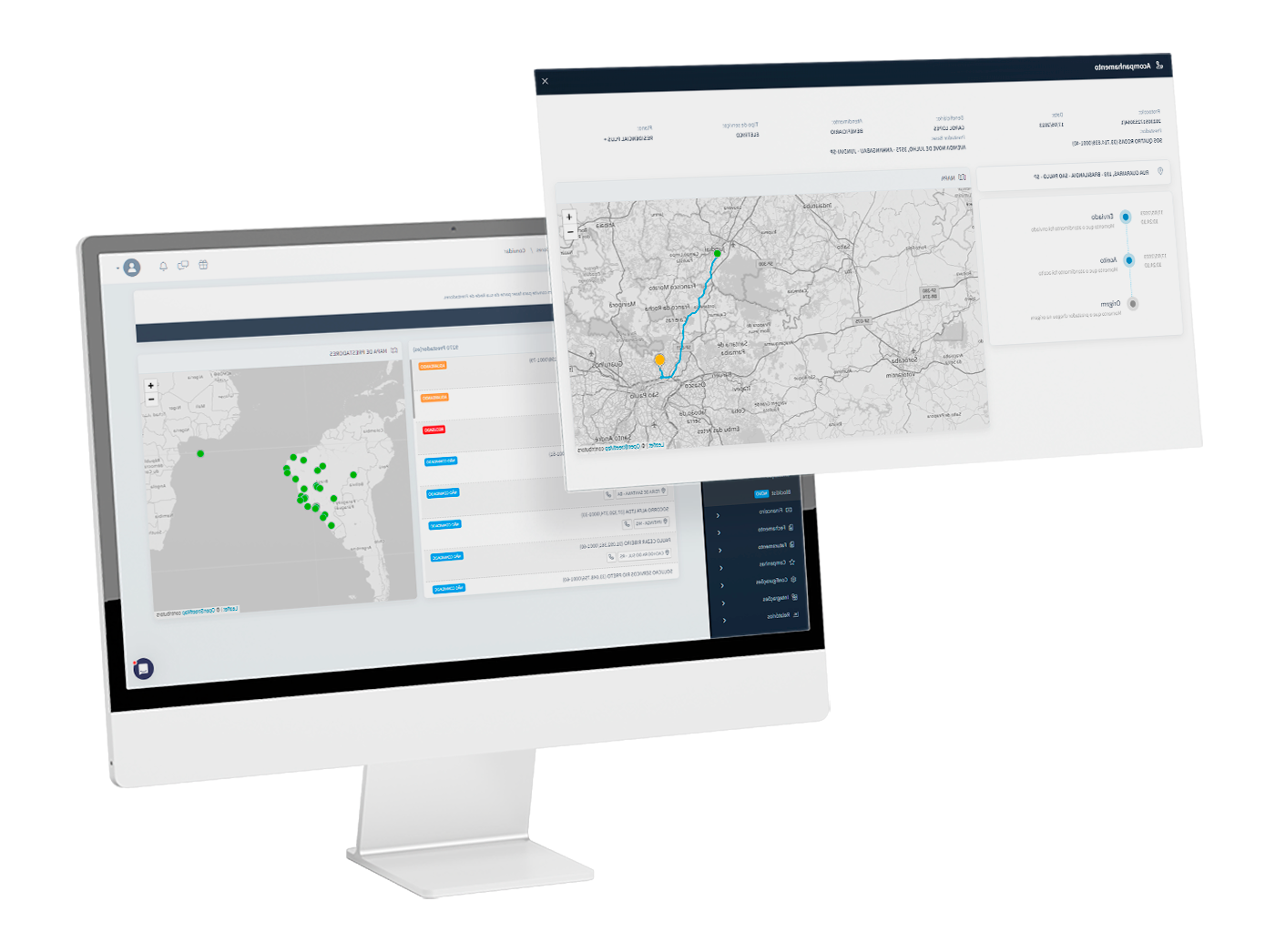 Mockup do Veniti com telas de rastreamento e mapa